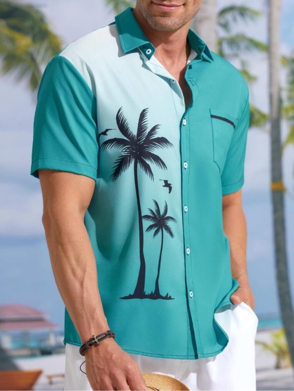 〽️Men's Green Hawaiian Short Sleeve Coconut Printed Button Down Casual Shirts